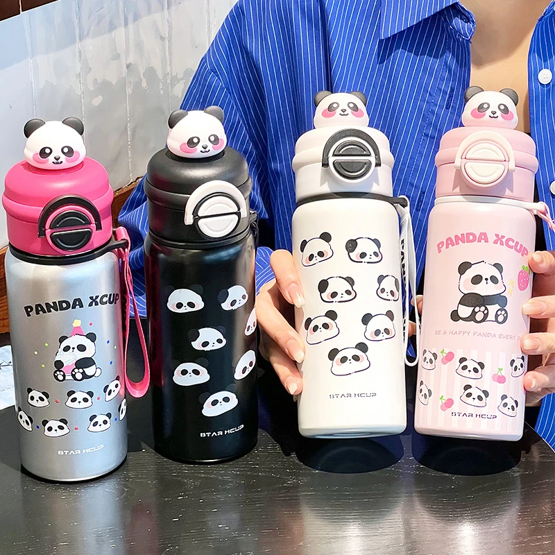 熊猫双饮弹跳保温杯儿童杯开学季便携学生水壶小学生弹盖创意