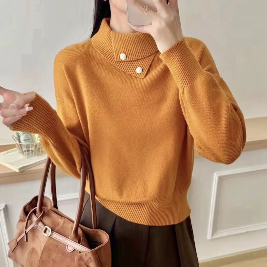 不规则翻领设计感针织衫女秋冬新款慵懒风高级百搭长袖毛衣上衣