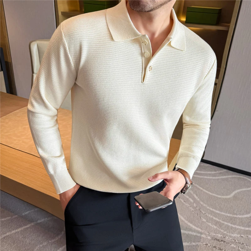 老钱风高品质含羊毛秋冬修身毛衣男POLO翻领针织衫贝壳扣灰色