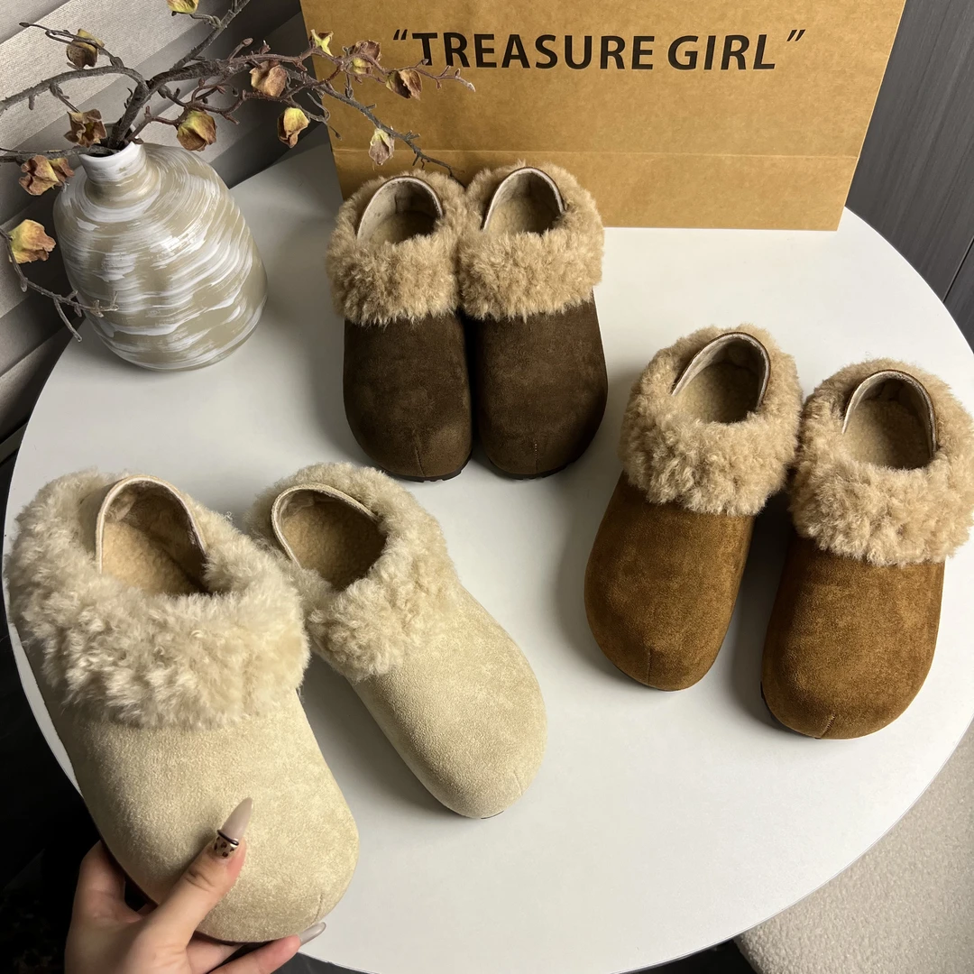 慵懒风勃肯棉拖鞋女外穿2025秋冬新款加绒一脚蹬毛毛包头半棉鞋