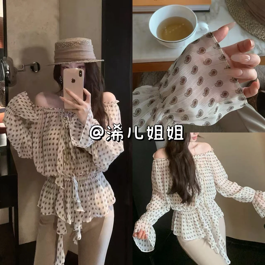 （浠儿家） 温柔复古金丝波点一字肩衬衫女抽褶系带长袖雪纺衫上衣