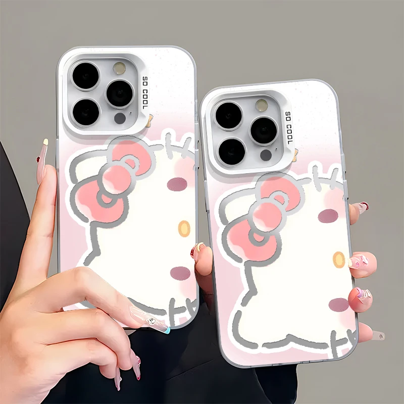 夕与空彩银粉色半脸Kitty适用苹果16手机壳华为oppo小米15vivo14