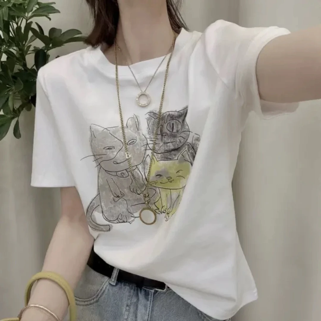 烫印常规款短袖猫咪印花INS风小众短款T恤白色夏季半袖打底衫休闲