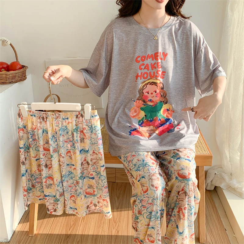 三件套弹力冰丝大码300斤睡衣吸汗胖mm宽松套头凉爽家居服套装