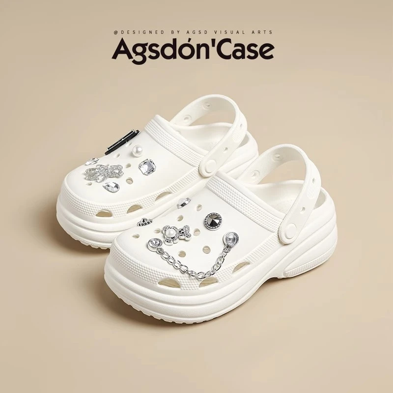 /奥古狮登白色洞洞鞋女2025新款夏季外穿厚底两穿凉拖鞋透气百搭Q