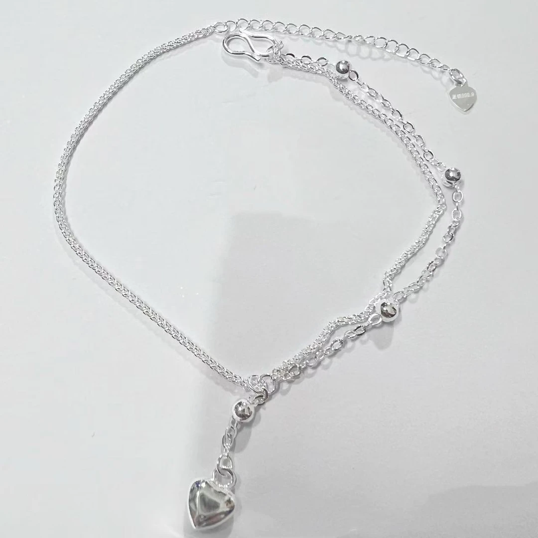 足银脚链 爱心圆珠脚链双层链可调节小众时尚简约百搭高级ins风