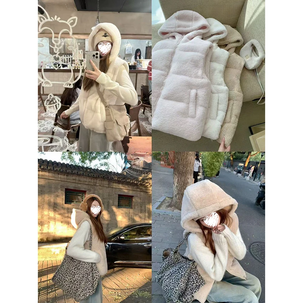 秋冬毛绒马甲连帽外套女百搭叠穿无袖韩系上衣 61115