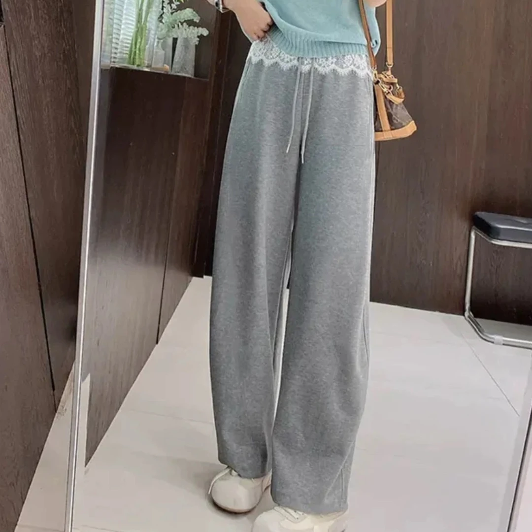 蕾丝花边拼接休闲裤女春夏新款设计感独特松紧腰拖地直筒裤子卫裤
