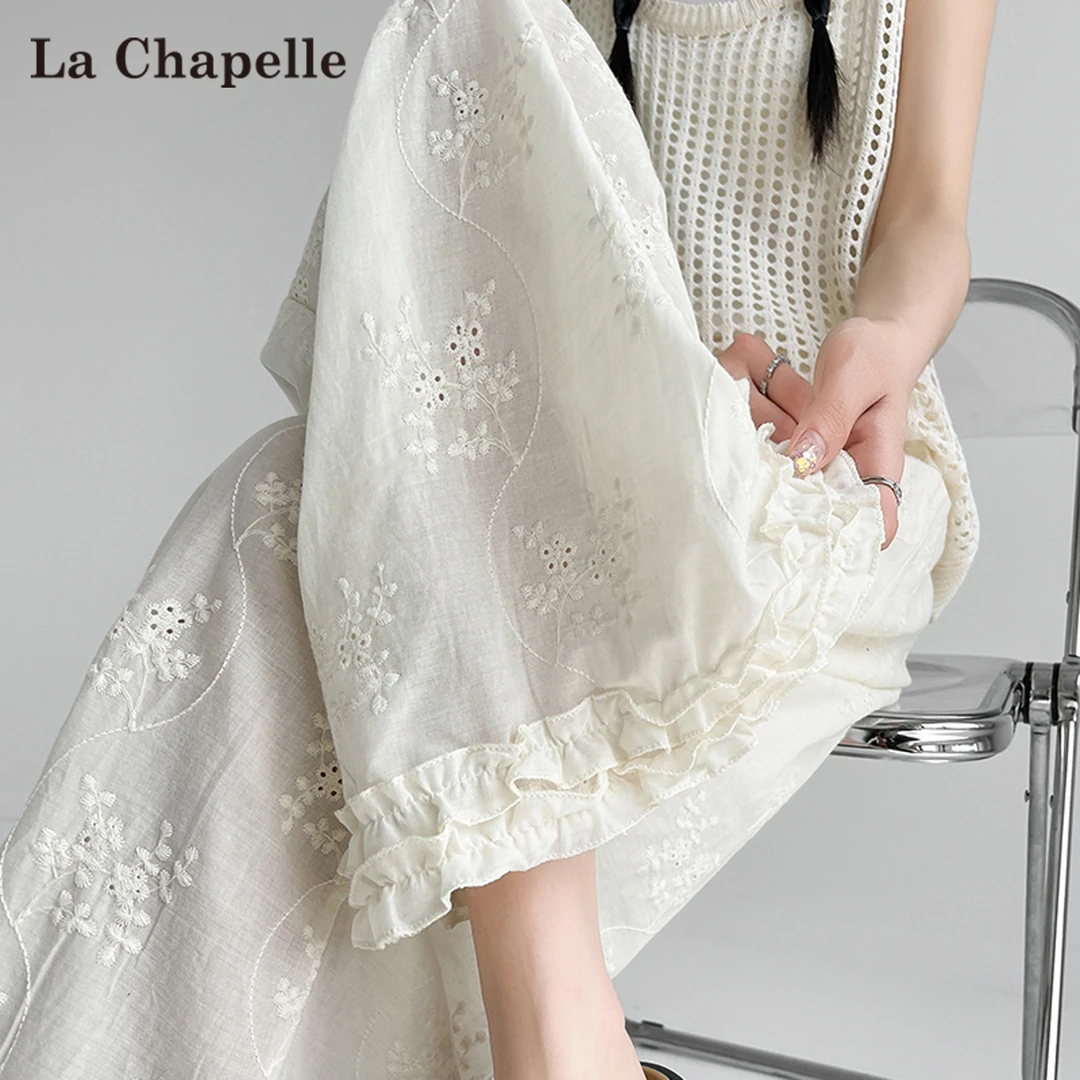 拉夏贝尔冰丝蕾丝镂空阔腿裤女2025夏季薄款小个子九分直筒山本裤