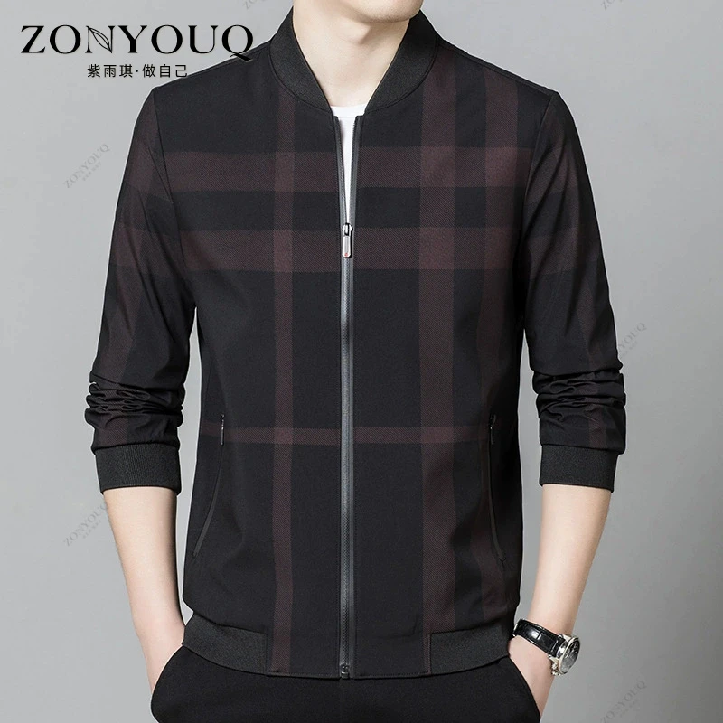夹克外套男2025春秋新款棒球领高级休闲茄克潮流格子商务时尚上装