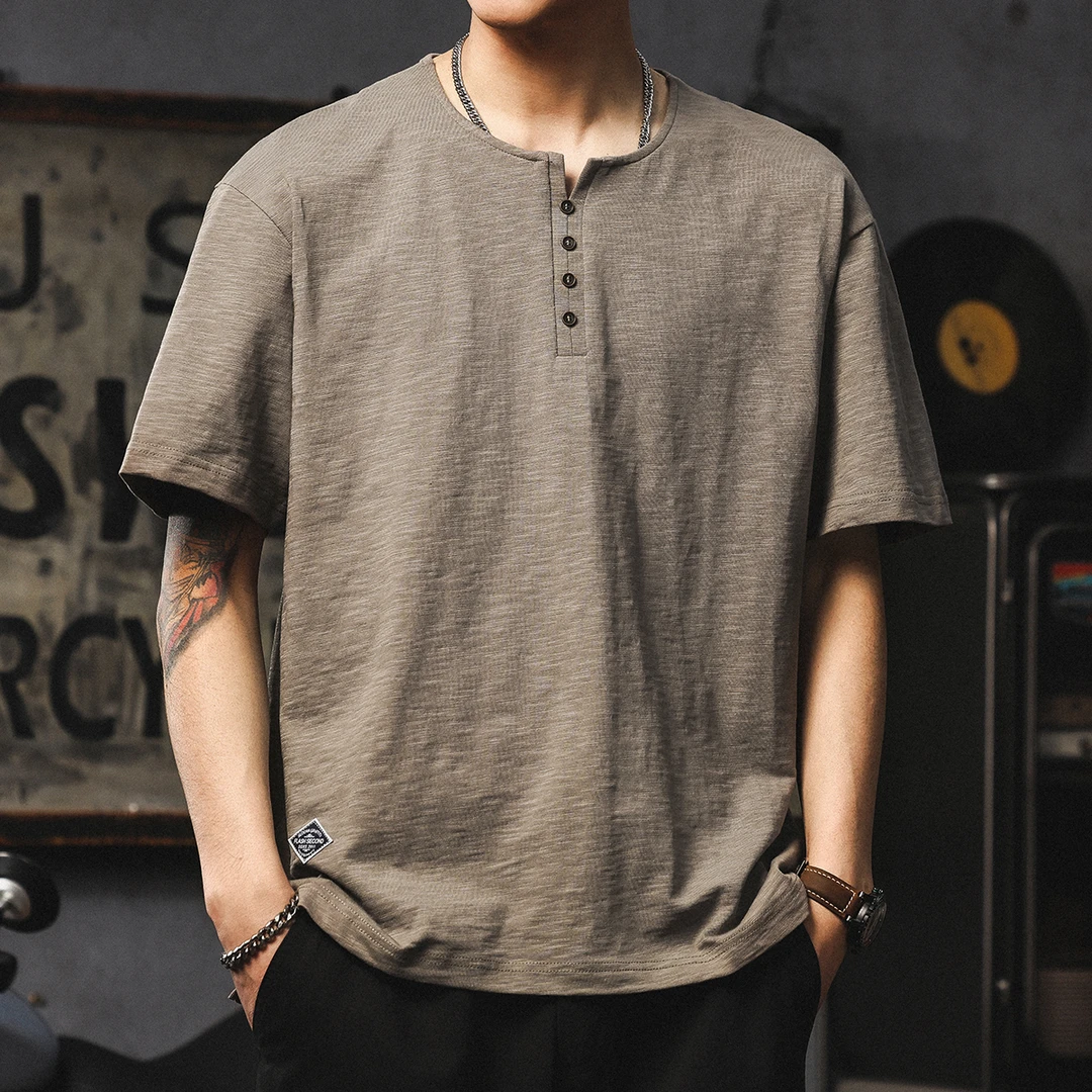 竹节棉休闲短袖T恤男2025夏季新款重磅亨利领美式高街纯色打底衫