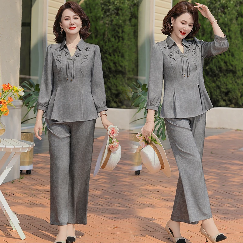 春季新款中老年妈妈国风简约通勤时尚套装显瘦时尚女神范上衣裤子