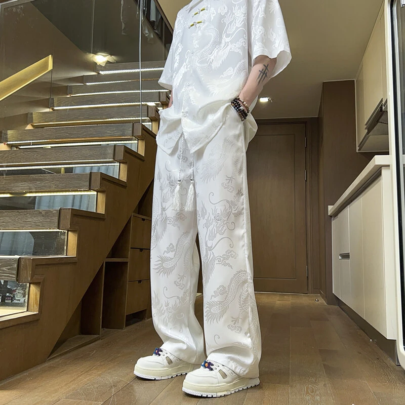 新中式国风龙纹提花冰丝直筒裤子衬衫男装夏季薄款唐装垂感一整套