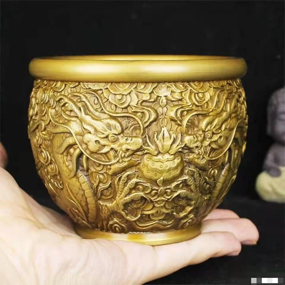 龙纹缸双龙戏珠麒麟大号铜缸鎏金家居摆件工艺品（口径9.5*高度8）