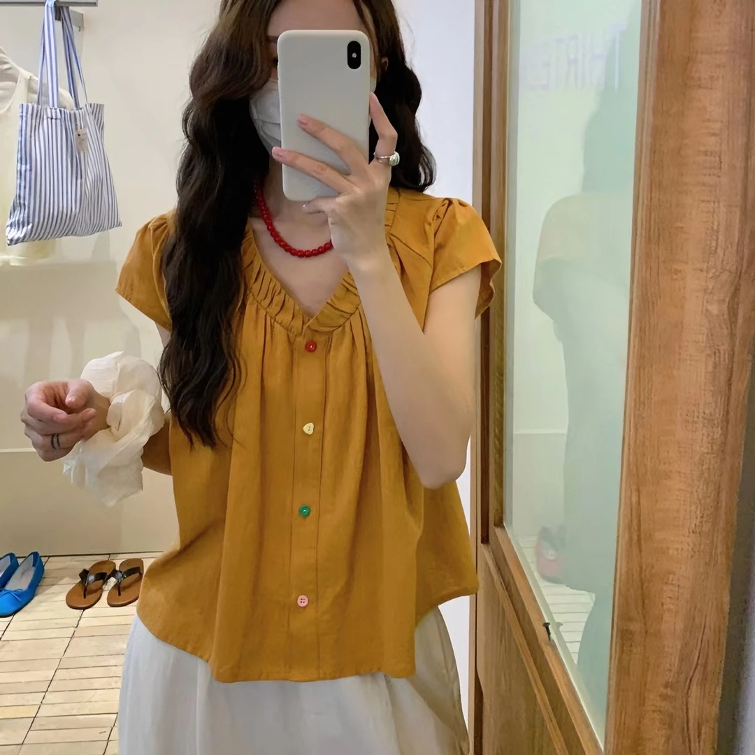 小个子焦糖色短袖飞飞袖衬衫女夏季2025新款爆款气质温柔别致上衣