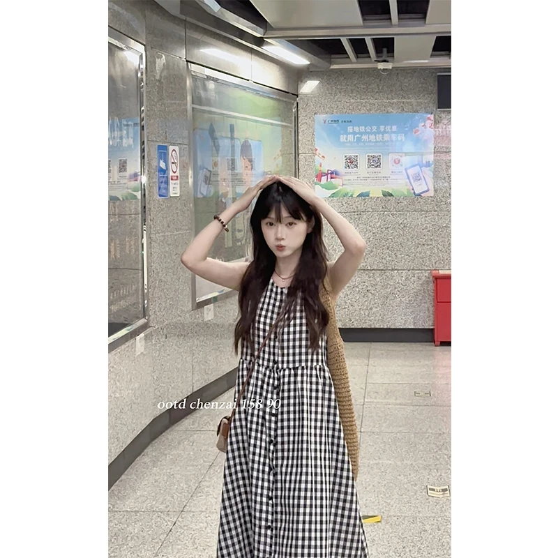 【陈仔】【格子控背心裙】宽松无袖圆领背心裙单排扣设计格子连衣裙
