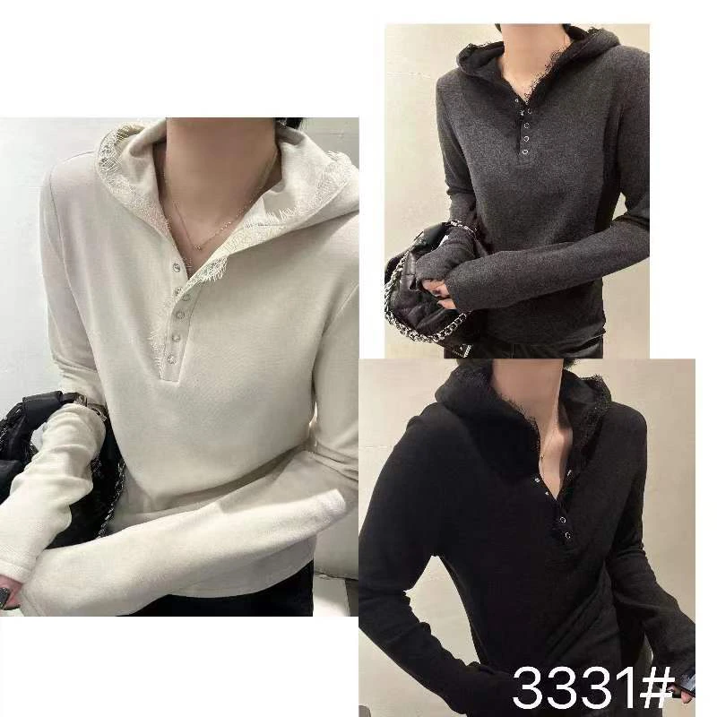 3331连帽半扣蕾丝花边绒感冬季T恤