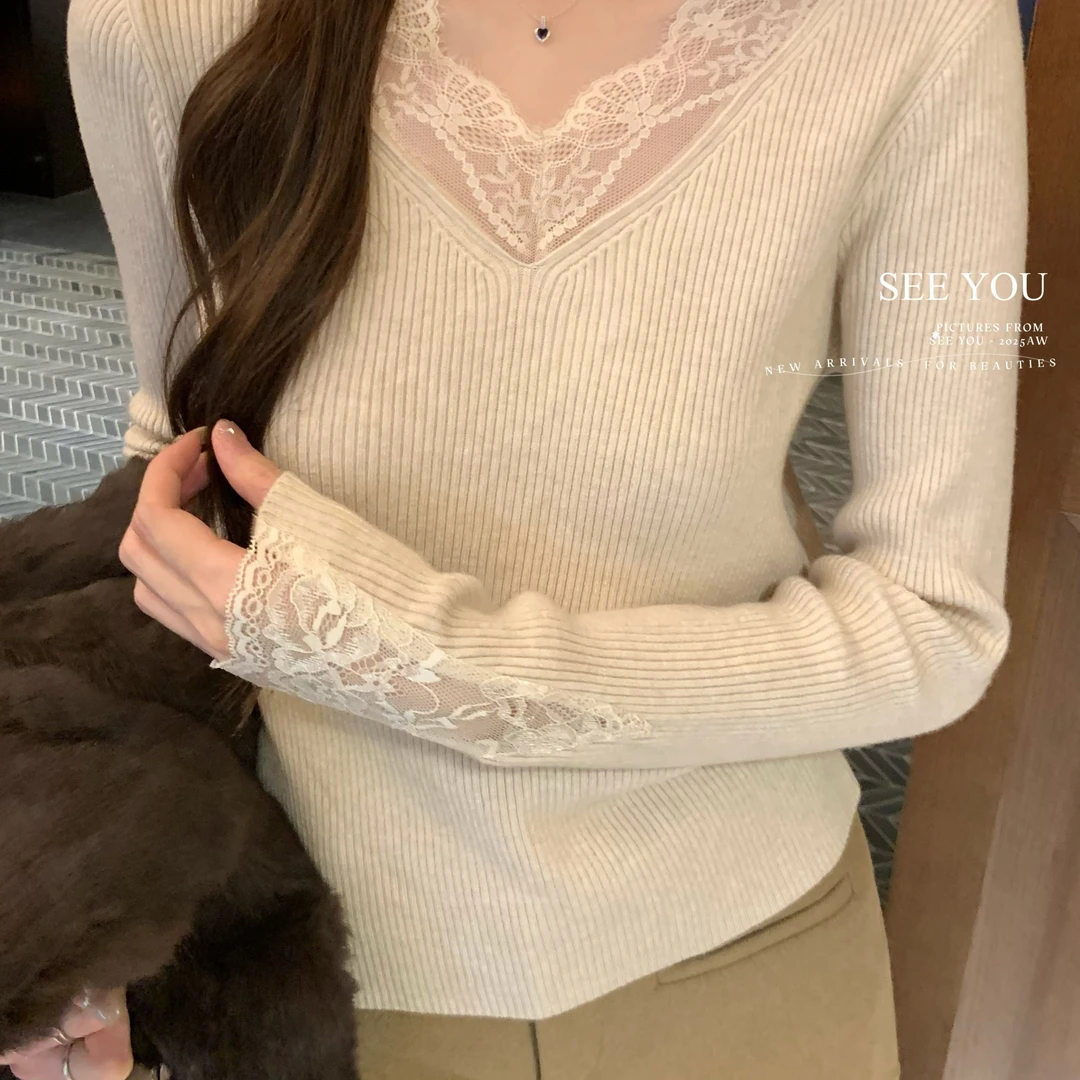 温柔美眉外穿内搭MAX秋冬法式纯欲蕾丝细节拼接超显瘦针织衫LC113