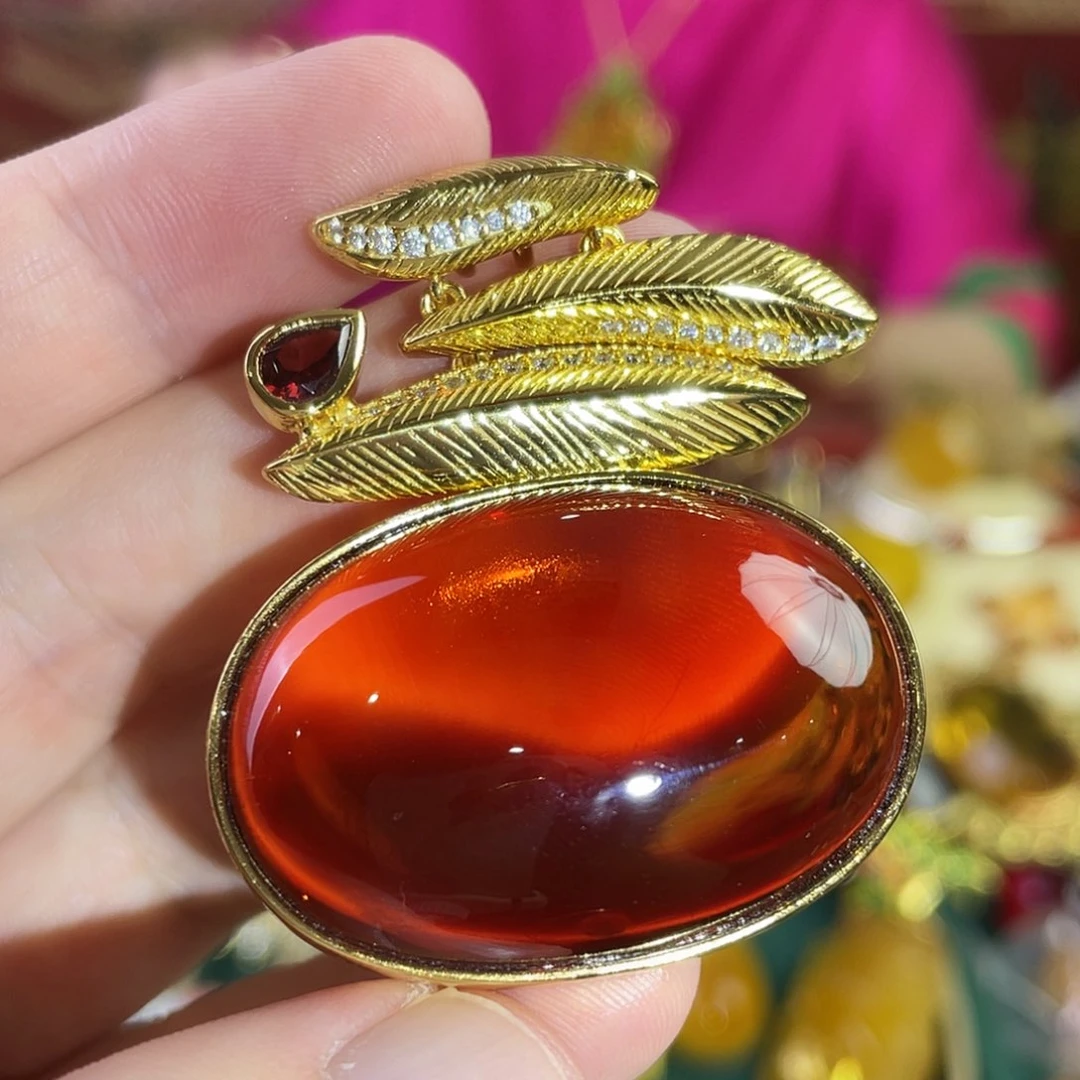 银S925镀金镶嵌吊坠(赠链)血珀