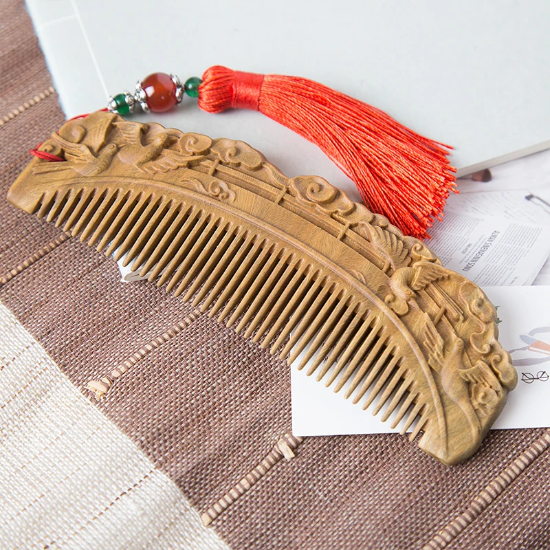 QQ周广胜鹊桥 绿檀雕花梳子复古国风护发木梳16CM