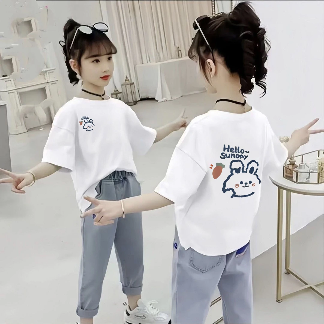 纯棉儿童短袖T恤夏季女童2025洋气新款中大童网红爆款女孩上衣潮