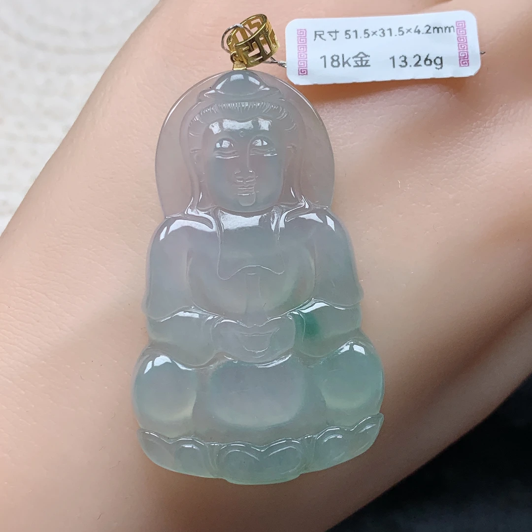 缅甸天然翡翠A货18k金扣头镶嵌冰种飘绿正装观音吊坠