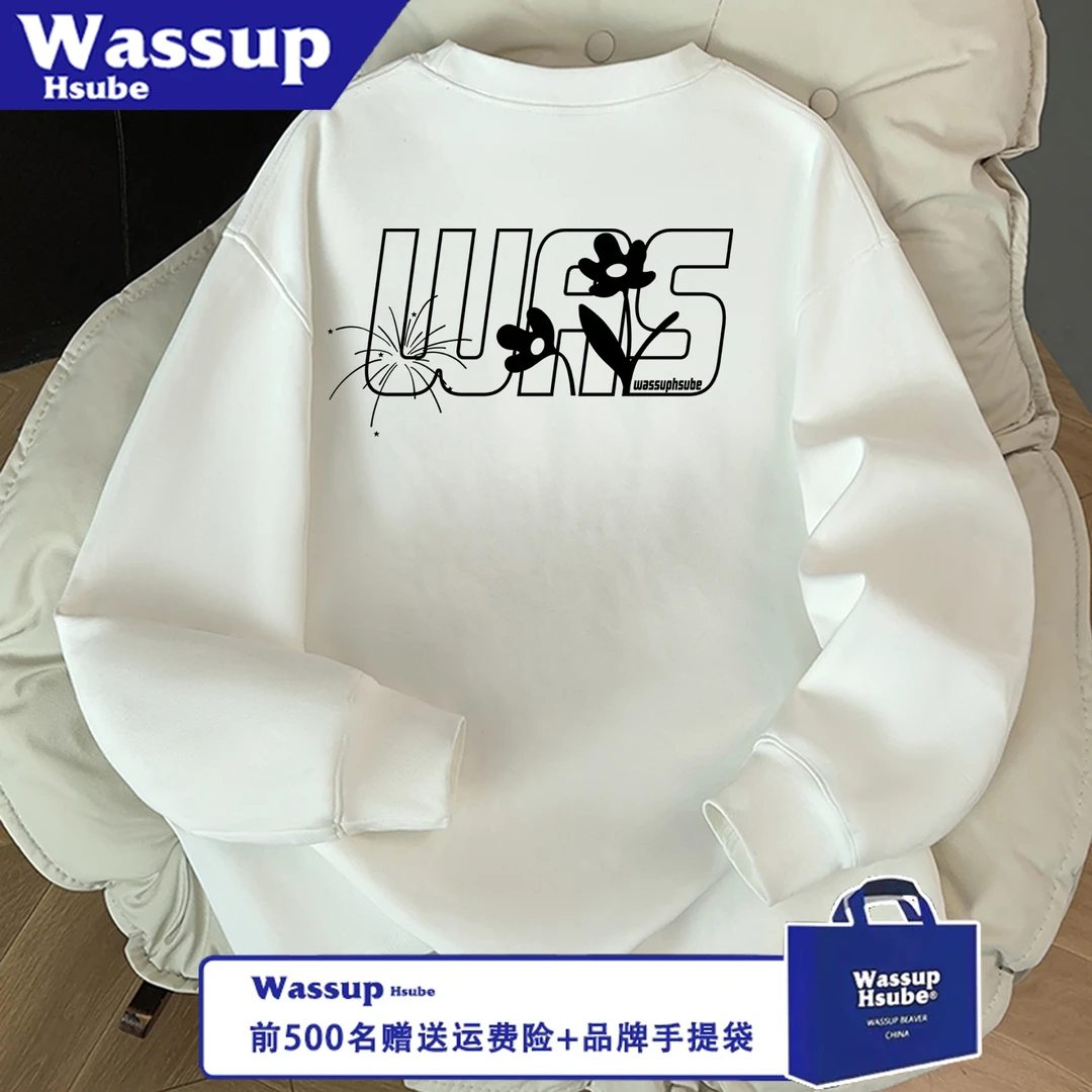 WASSUP HSUBE潮流长袖秋冬美式百搭花朵圆领字母宽松印花情侣上衣