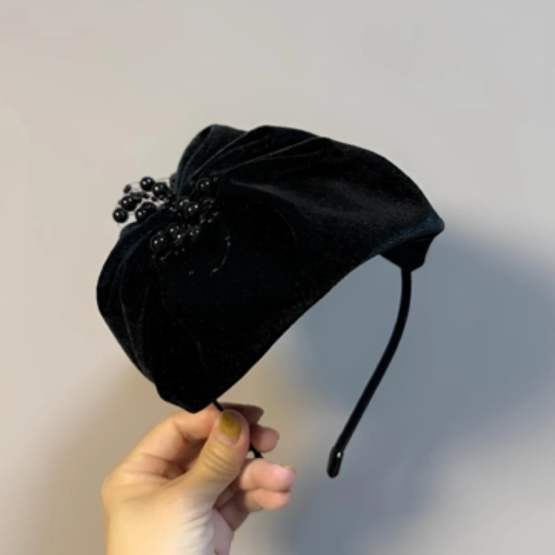 秋冬新品【丝绒半帽】优雅百搭丝绒发箍女蝴蝶结手工串珠小众发饰