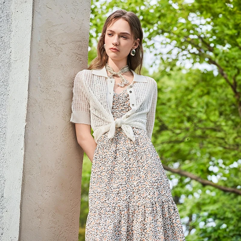 ANMANI恩曼琳25夏季新款简约休闲贝壳扣衬衫领针织开衫ERA3M03B