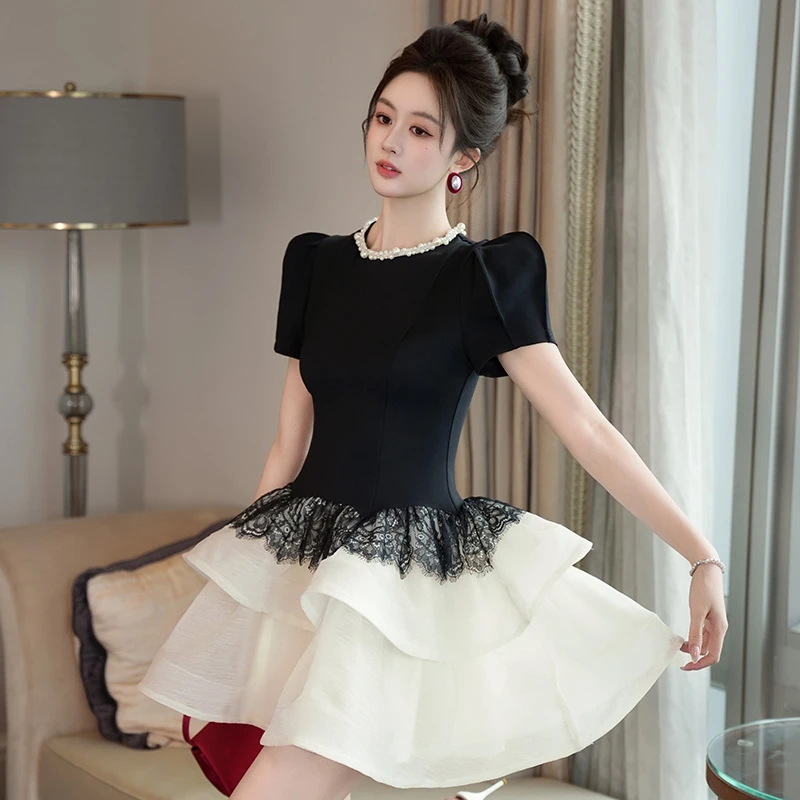优雅超仙荷叶边蕾丝大摆裙夏季赫本复古名媛风黑色连衣裙21731