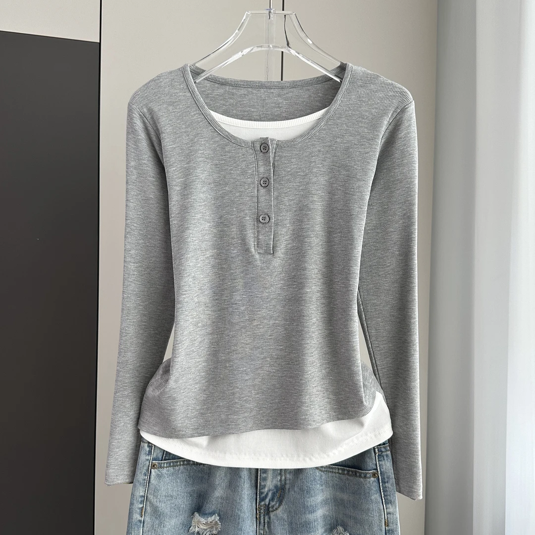 假两件长袖t恤女2025新款早秋薄款文艺休闲内搭打底衫修身上衣