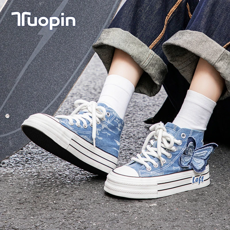 鮀品厚底高帮牛仔帆布鞋春夏新品百搭防滑休闲鞋蝴蝶时尚女鞋2153