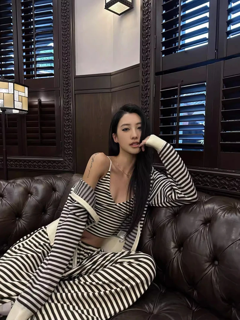 韩系慵懒风条纹长袖睡衣女春秋款新款连帽开衫吊带长裤家居服套装