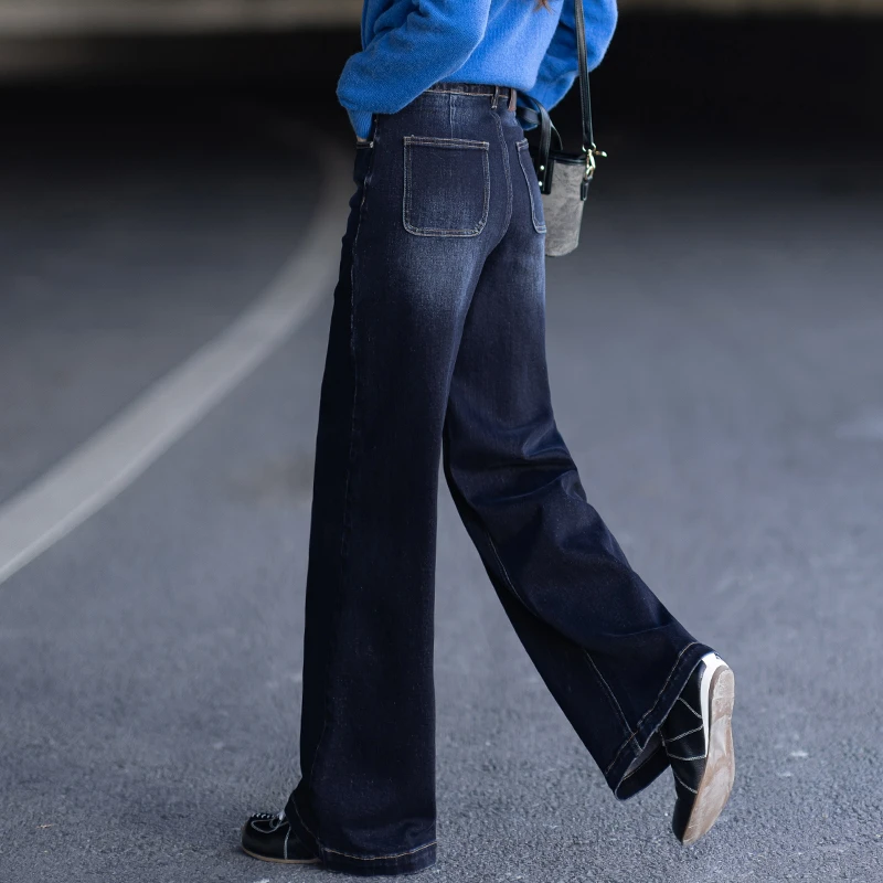 蓝灰色弹力牛仔裤女2025裤子网红款秋冬新款阔腿裤休闲直筒裤显瘦