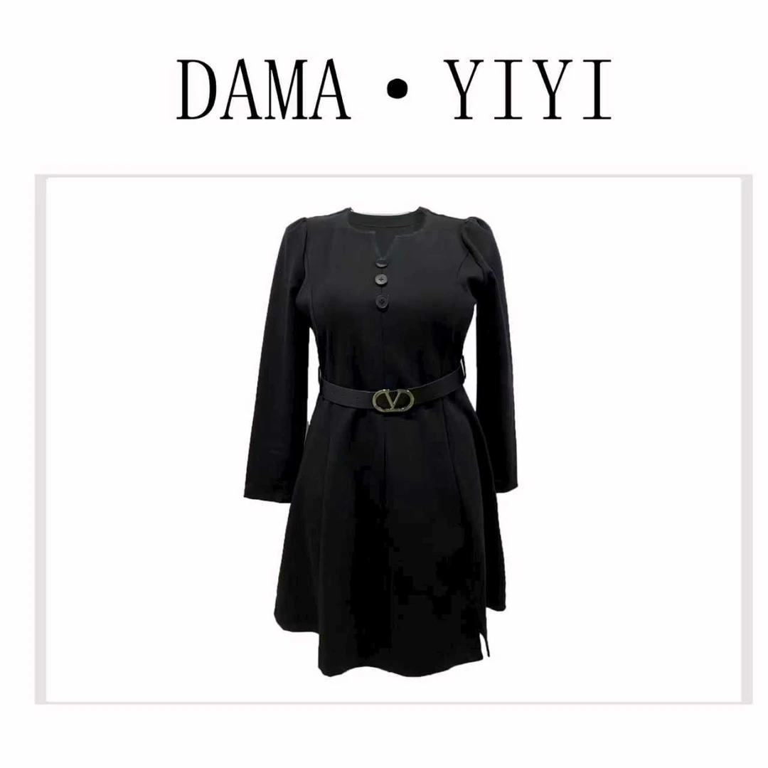 D816新款显瘦气质长袖收腰连衣裙百搭休闲女A字裙子（配腰带）