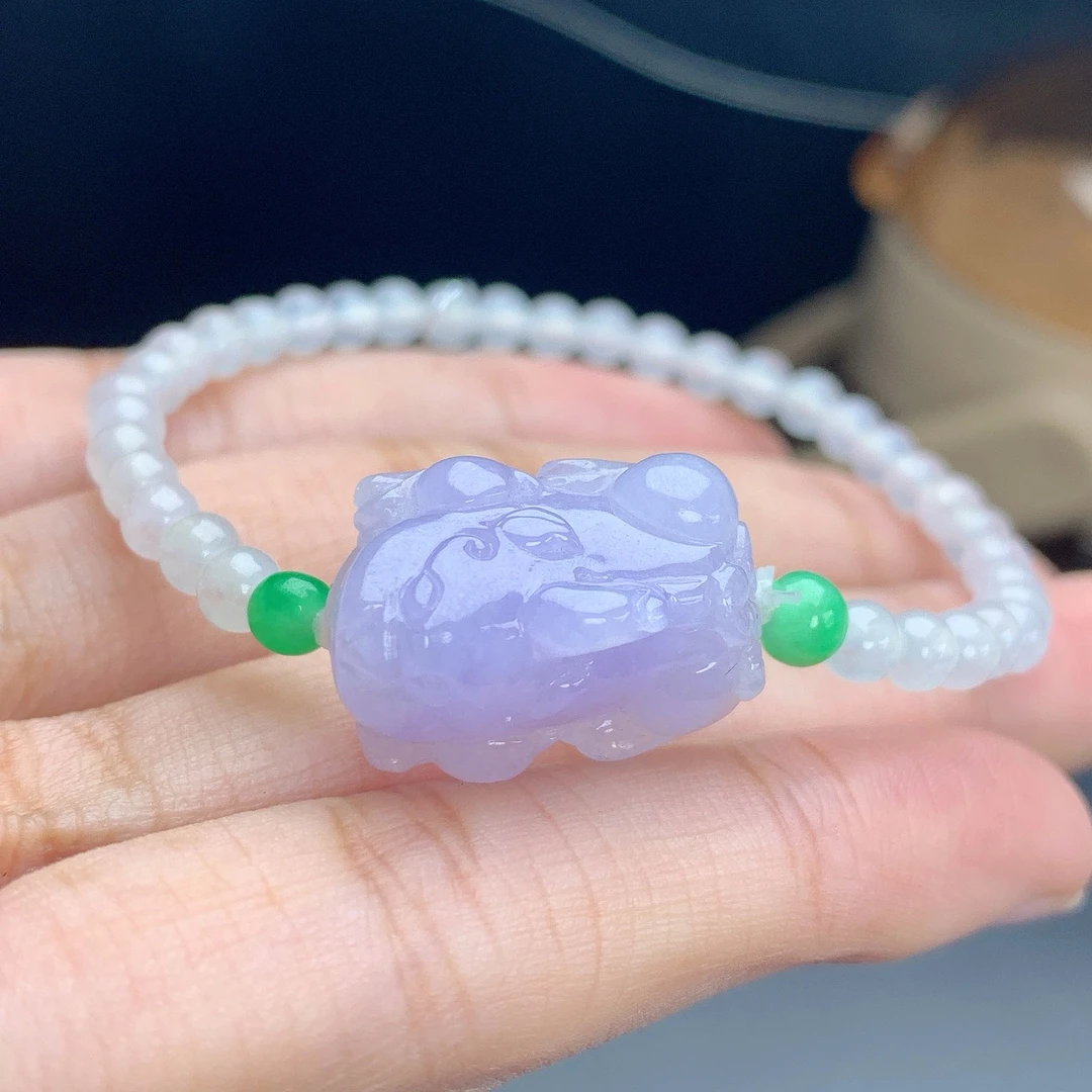 缅甸A货翡翠白冰紫罗兰色貔貅小米珠圆珠手链手串单圈T卡4mm