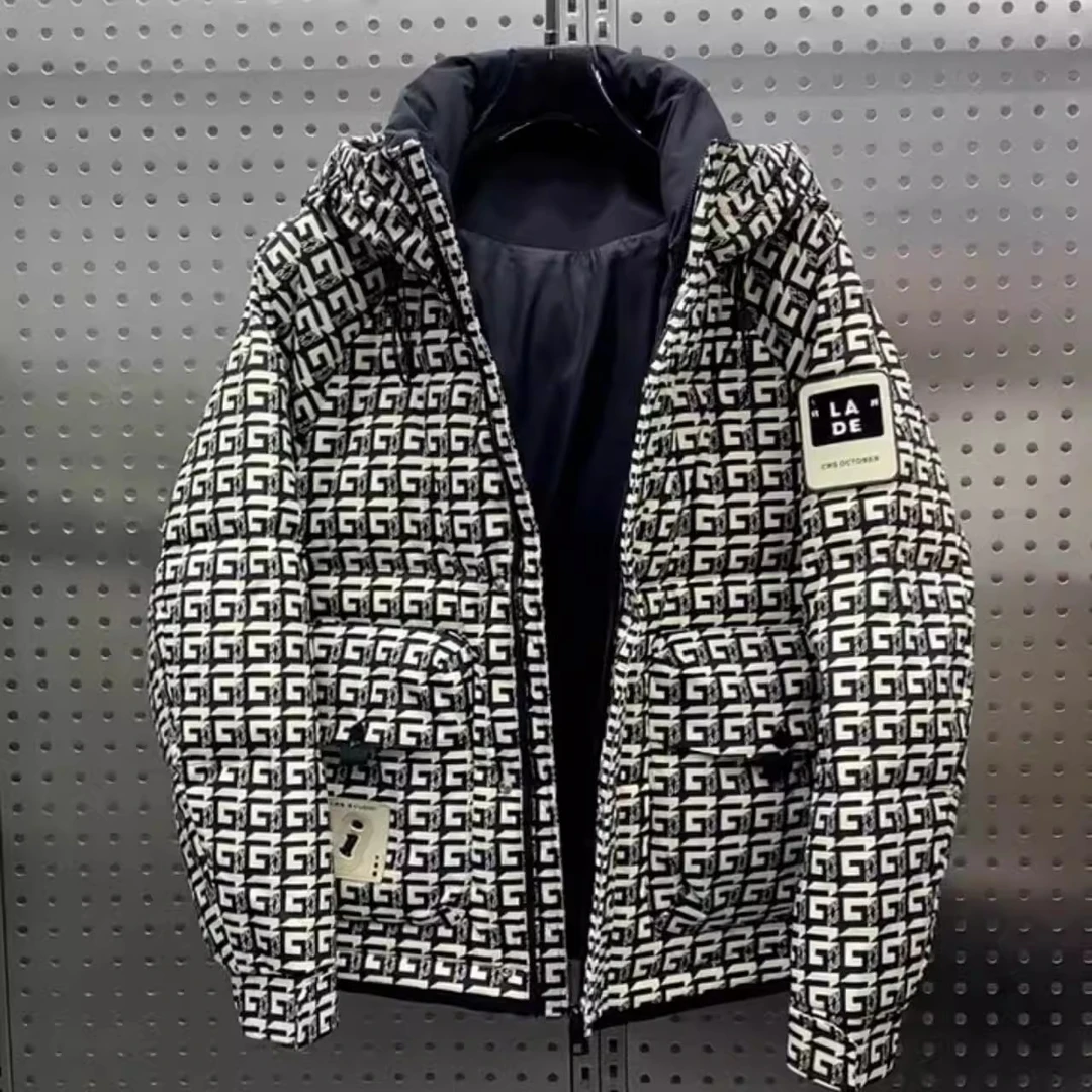 O.U.W冬季连帽加厚羽绒服男士字母保暖上衣休闲防寒白鸭绒外套ins