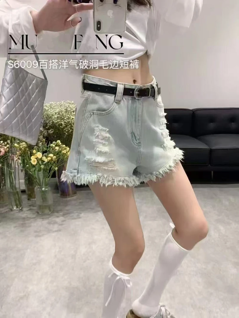 【6009】合#设计感破洞毛边牛仔短裤