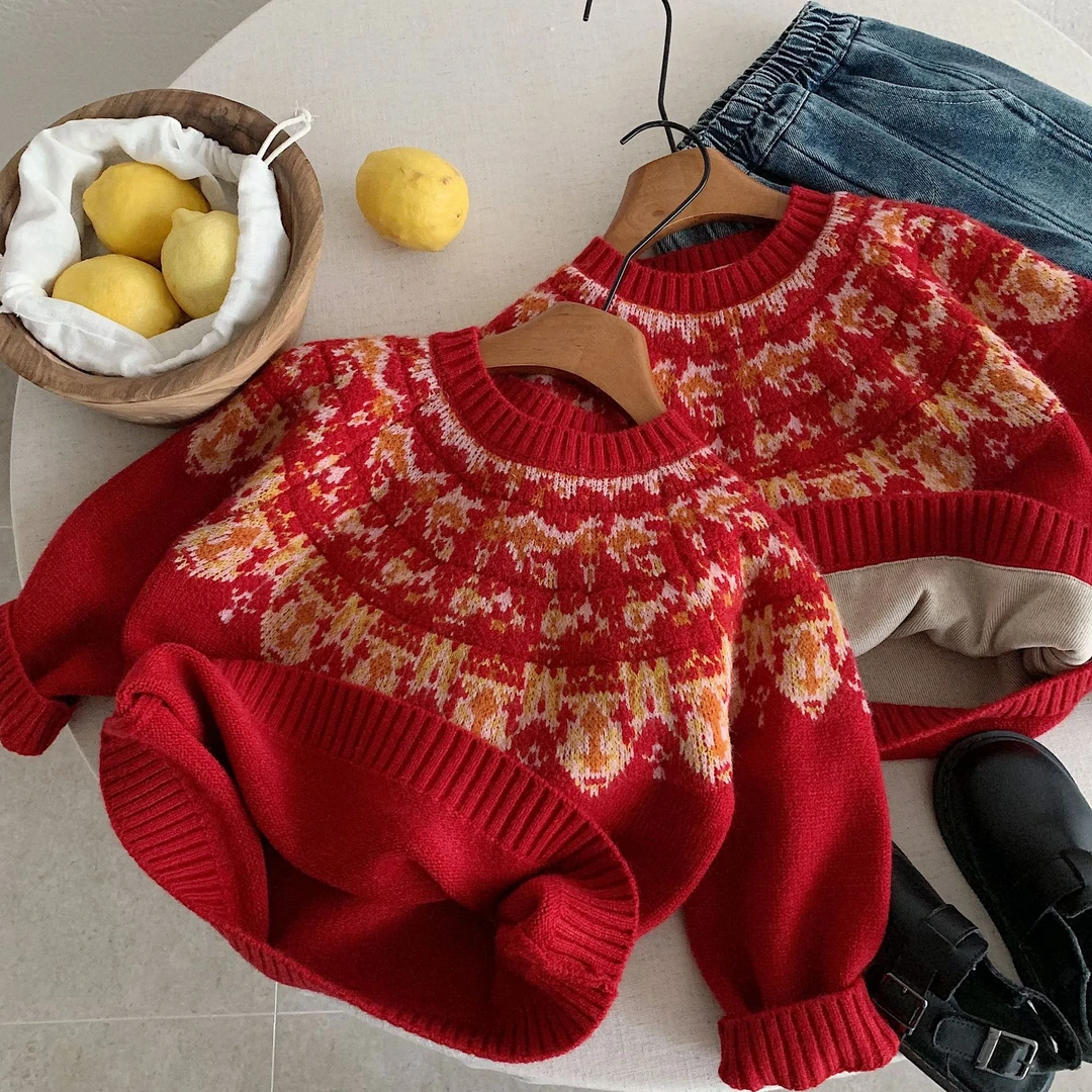 【多多新年】2025冬季新款红色费尔岛毛衣套头加厚复古圆领韩版