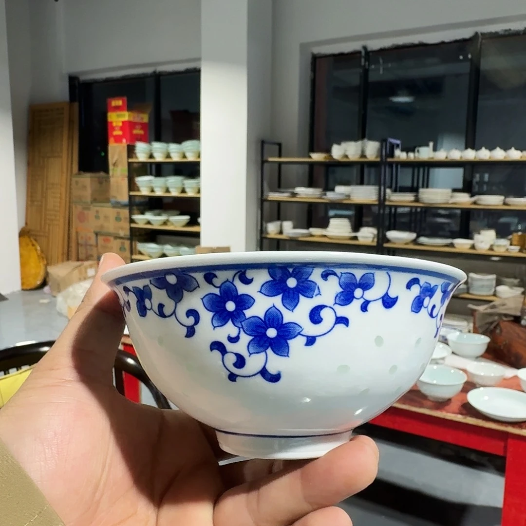 杯景德镇陶瓷微瑕青花玲珑米饭碗2个