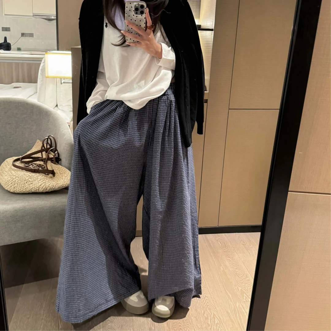 高端货~春秋新品小格子慵懒松弛感大裤腿休闲裤阔腿裤宽松裙裤女