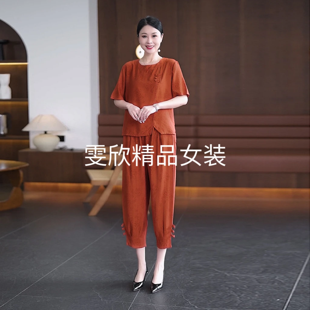 妈妈装夏装洋气奶奶装宽松小衫新款套装中老年女装半袖盘扣两件套