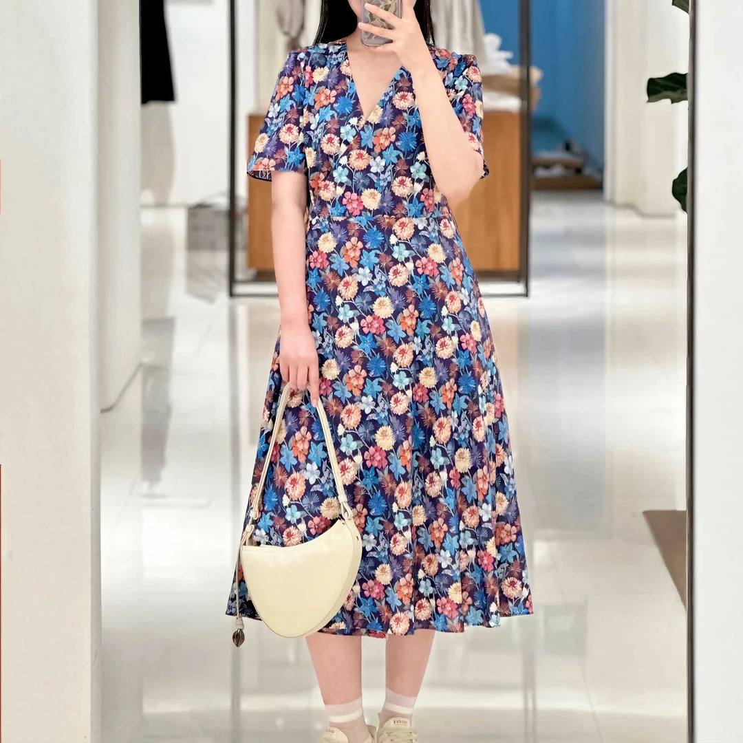 【禾】女装2025夏季新款棉弹印花细布中长款V领短袖连衣裙A字裙