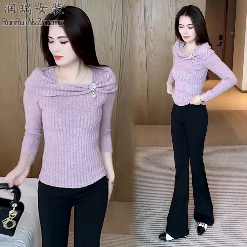 静奢风时尚套装女2025秋季新款设计感修身T恤打底衫微喇裤两件套