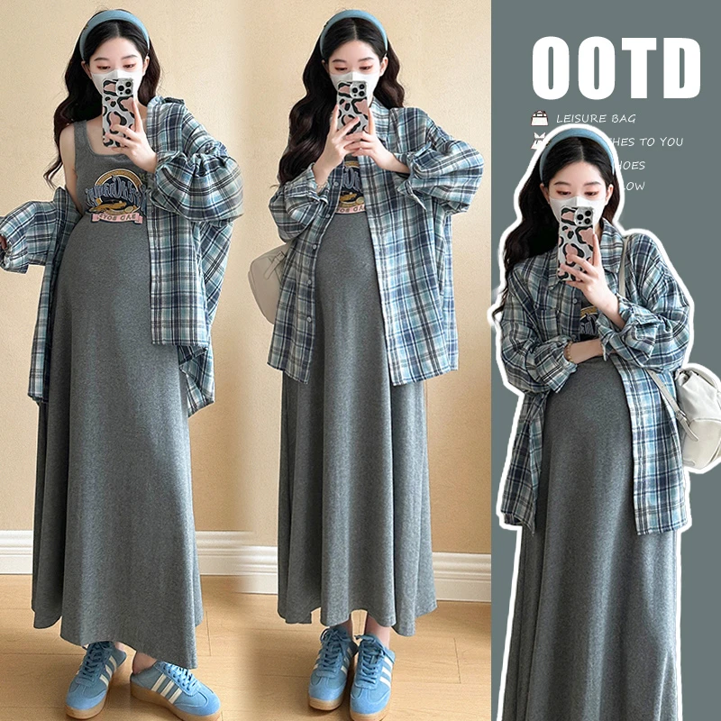 2025春夏套装简约卡通减龄背心裙+蓝色格子衬衫两件套