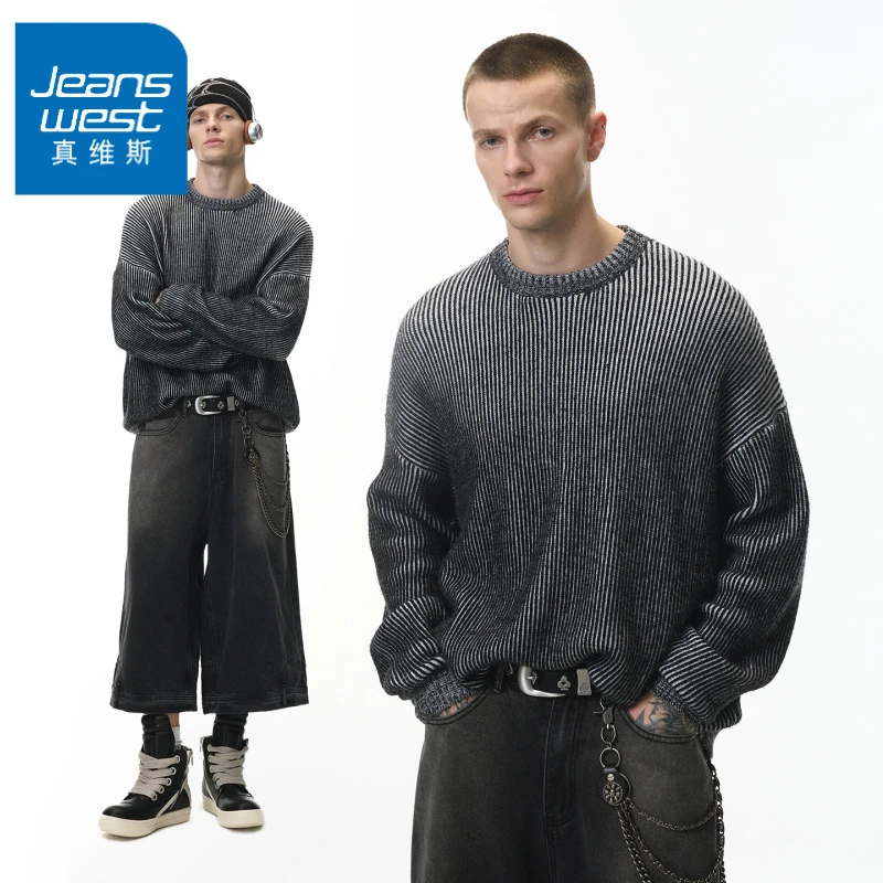 真维斯美式潮牌Cleanfit双色毛衣秋季美式街头撞色宽松百搭圆领