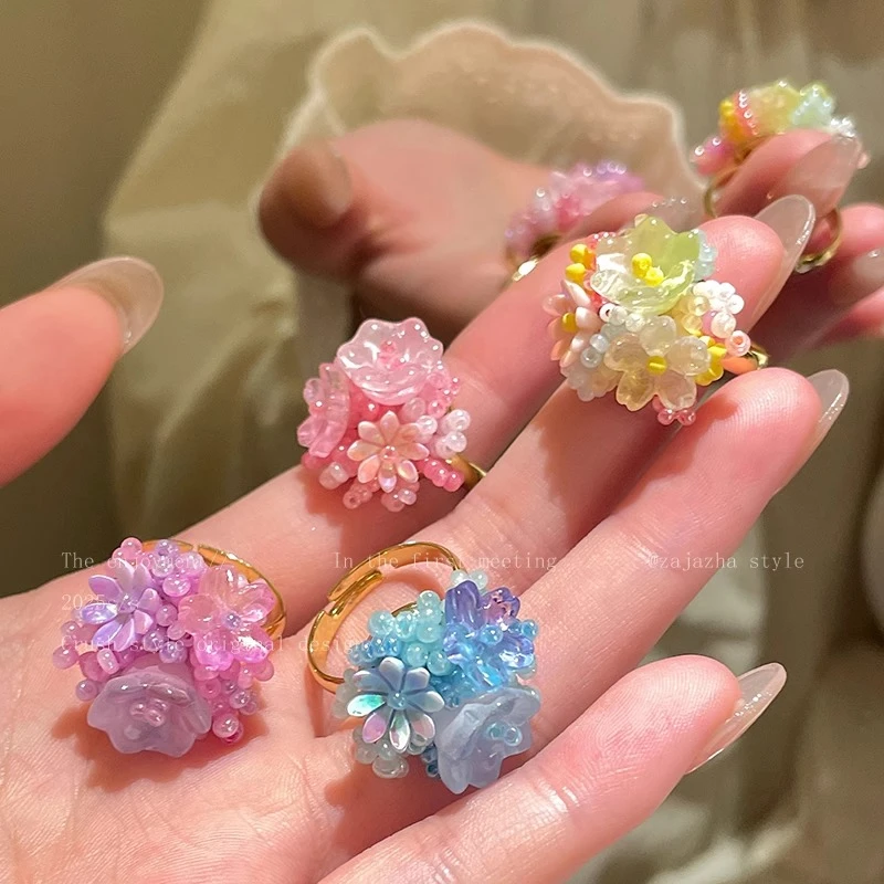 铜合金戒指 多巴胺绣球花朵戒指女早春度假风食指戒甜美气质指环