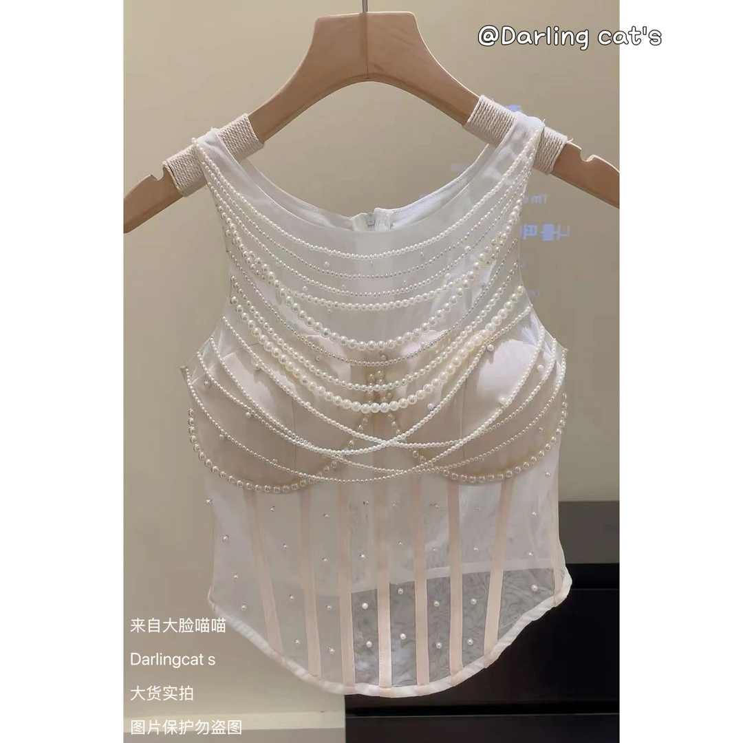 【大脸喵喵实拍】富家千金感 自带胸垫超重工珍珠透感鱼骨上衣背心