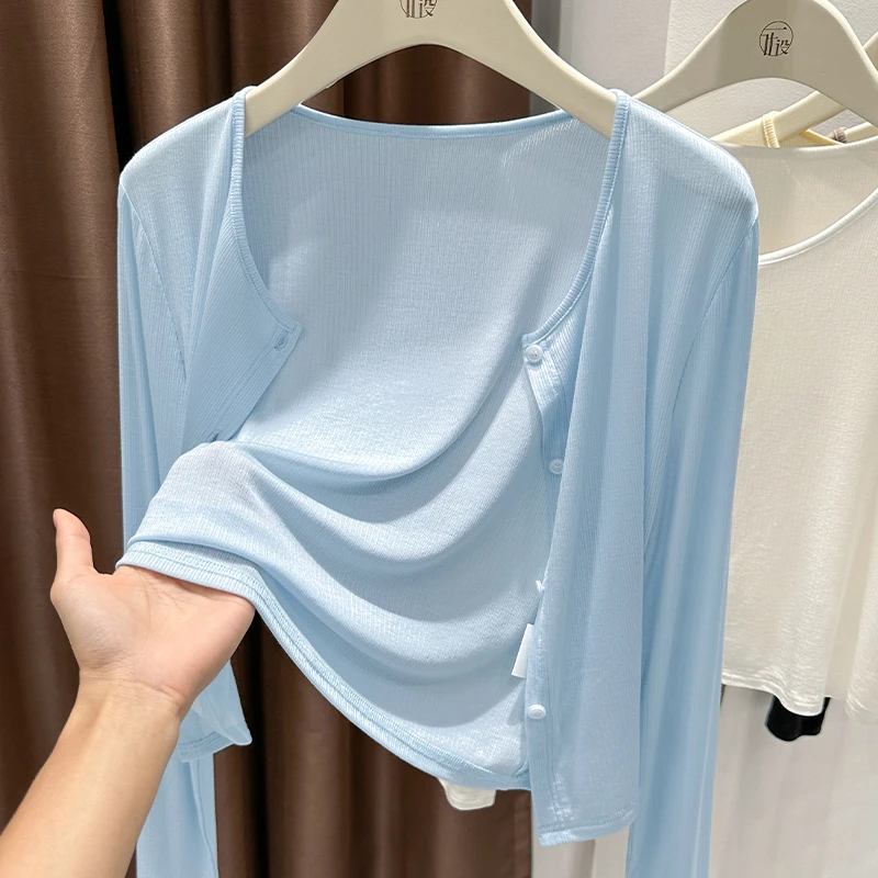 蓝色圆领防晒开衫夏季爆款吊带裙外搭长袖冰丝罩衫针织披肩外套女