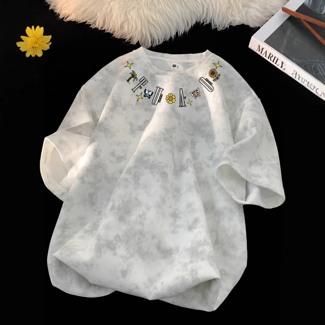 美式高街脏脏扎染短袖t恤男女夏季2025新款情侣装上衣